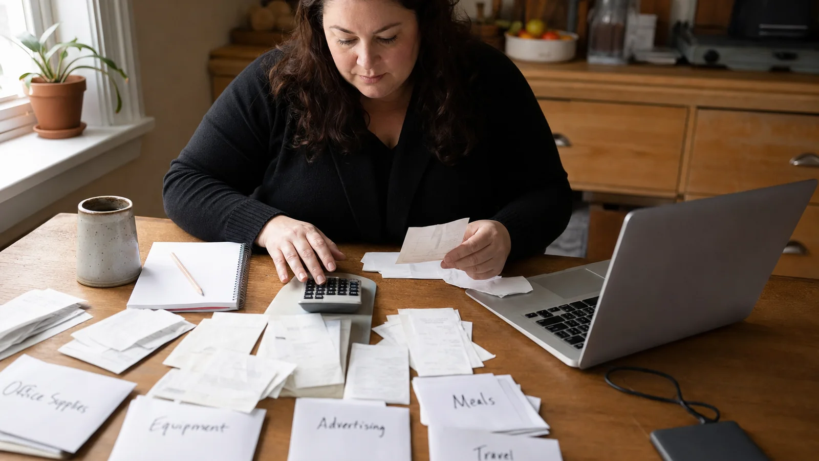 A self-employed creator sorts receipts into expense categories beside a calculator and laptop