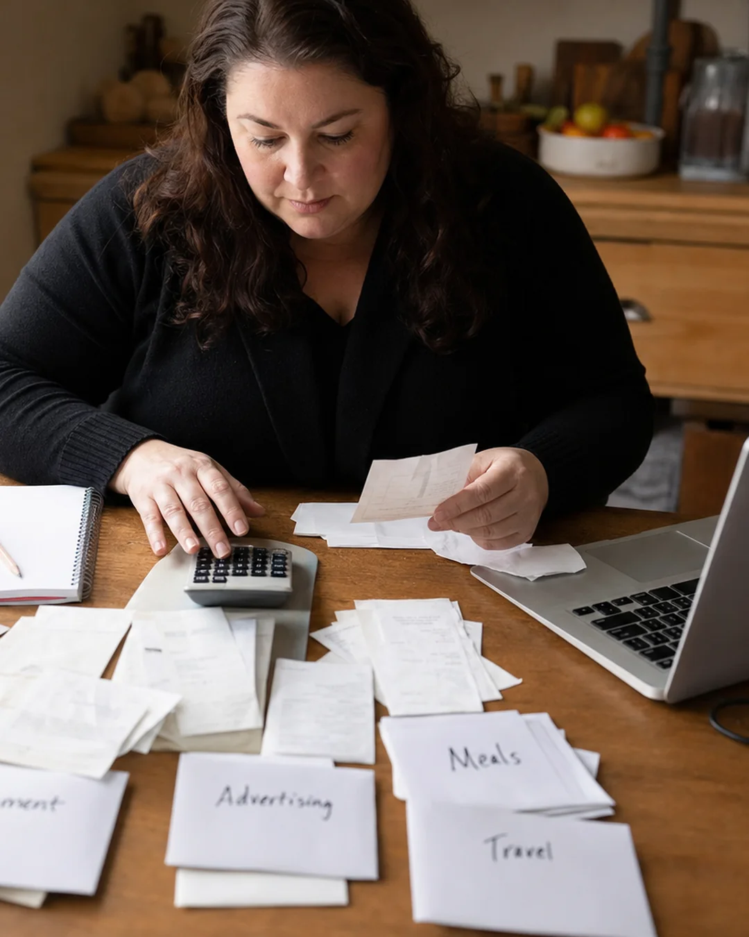 A self-employed creator sorts receipts into expense categories beside a calculator and laptop