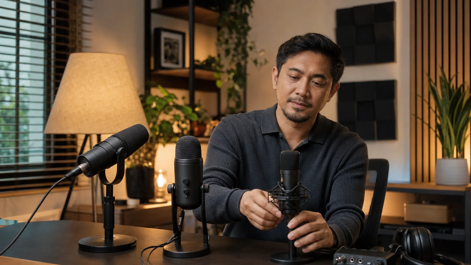 A creator compares three unbranded desktop microphones in a treated home recording room