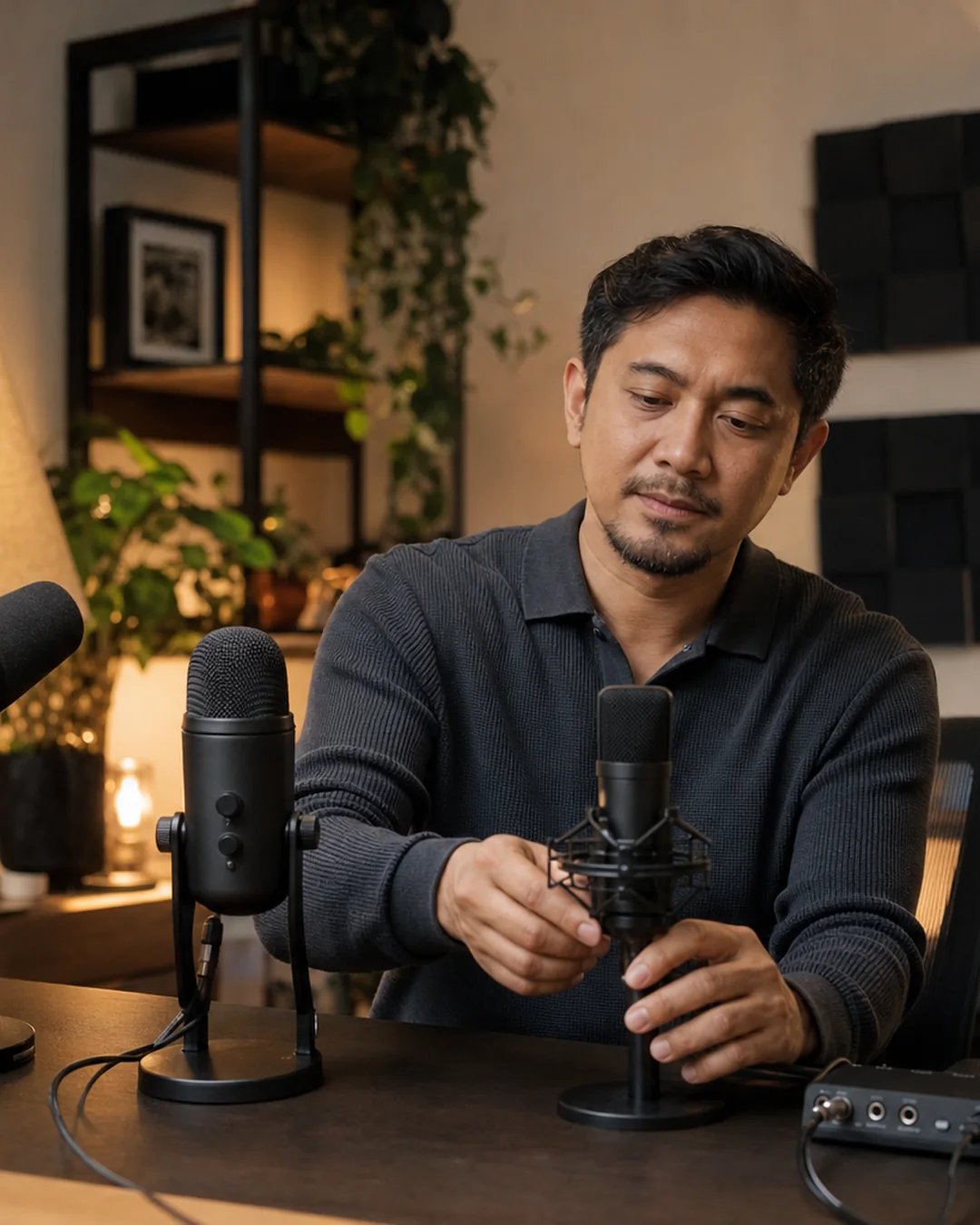 A creator compares three unbranded desktop microphones in a treated home recording room