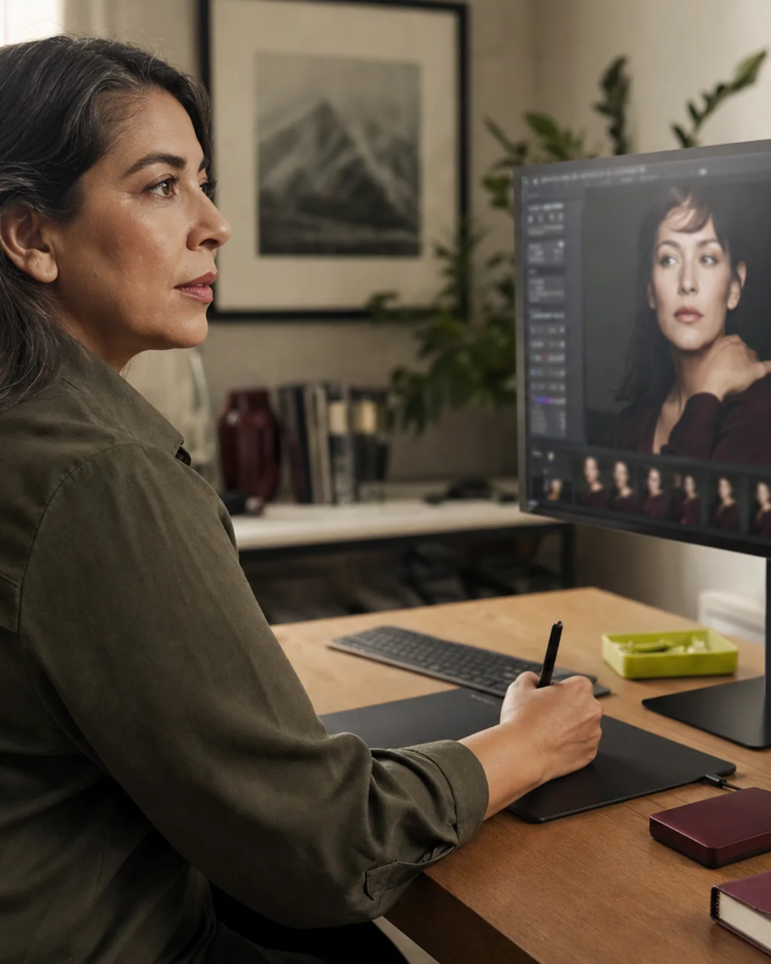 A photographer reviews a portrait on a large editing display in a private studio