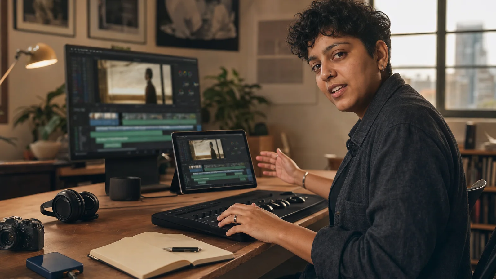 A video editor compares timelines on a desktop display and tablet in a home editing room