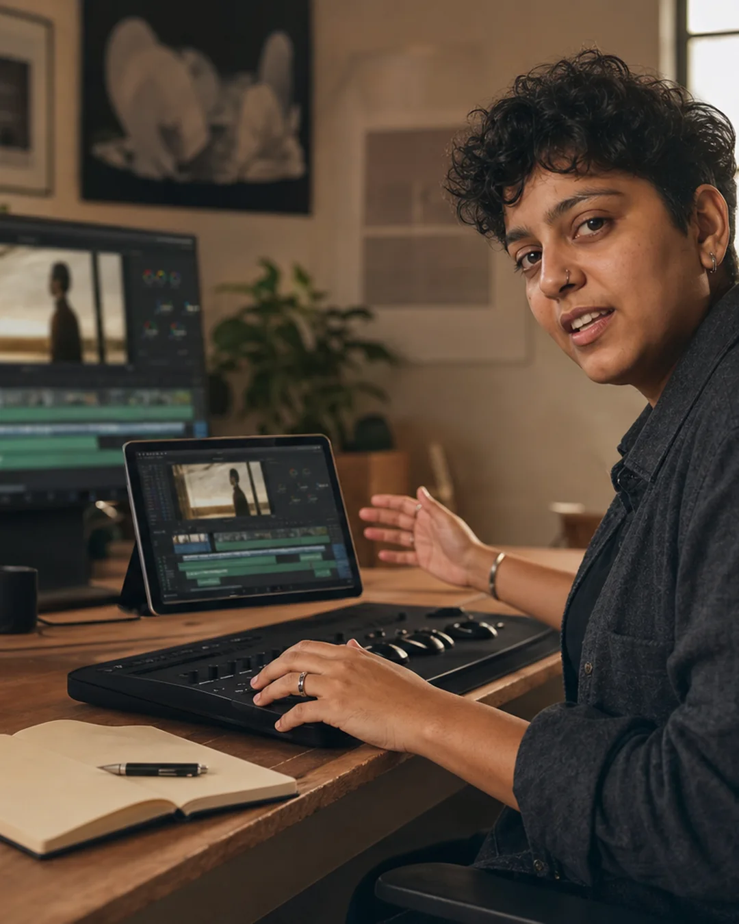 A video editor compares timelines on a desktop display and tablet in a home editing room