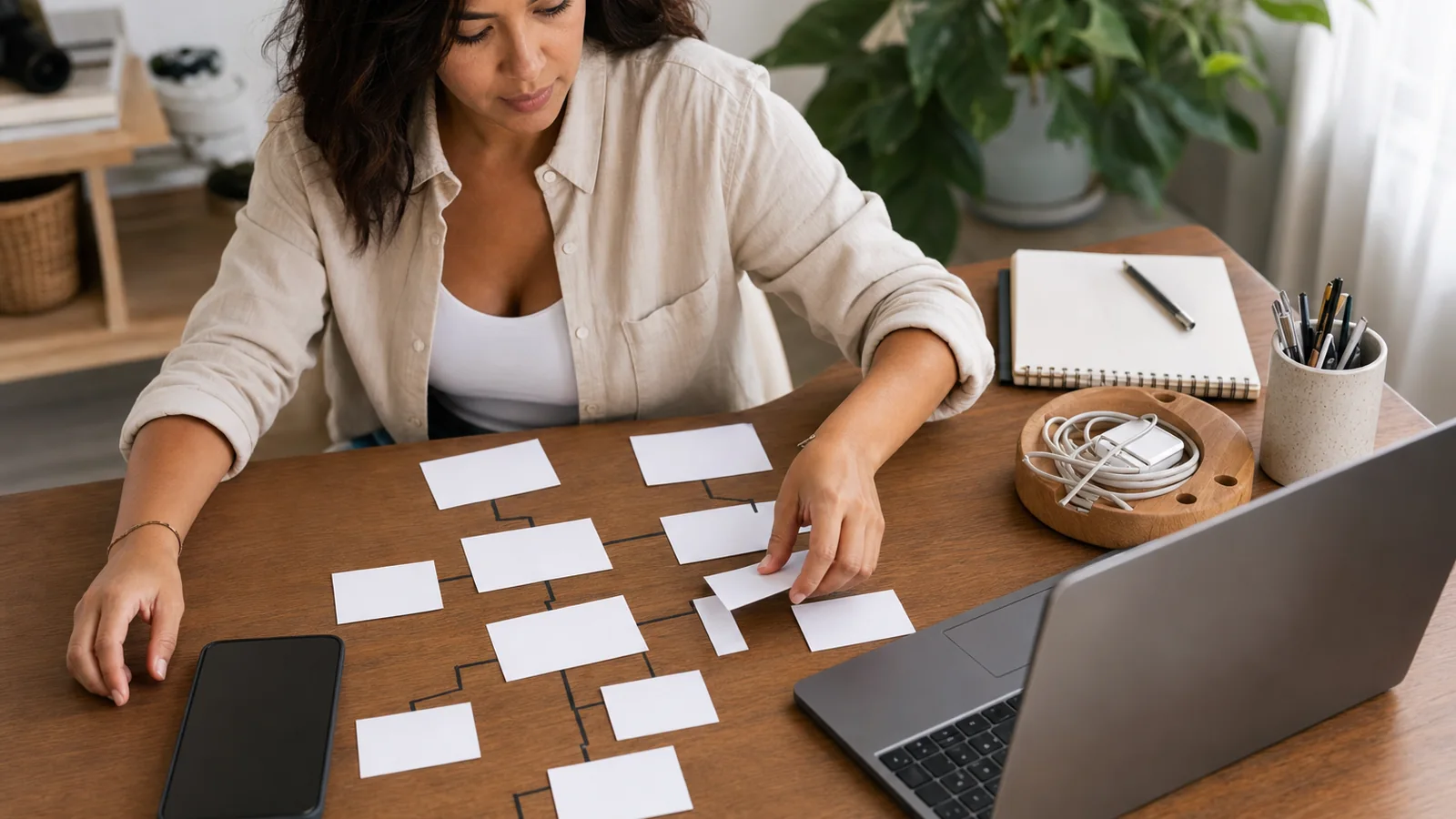 A creator maps a network of blank destination cards beside a laptop and phone
