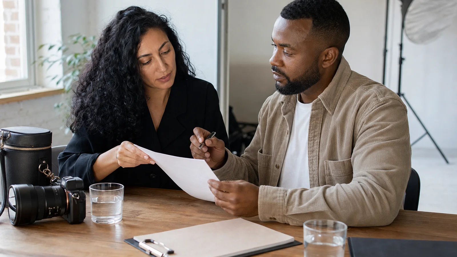 A photographer and model review a written release together before a studio session
