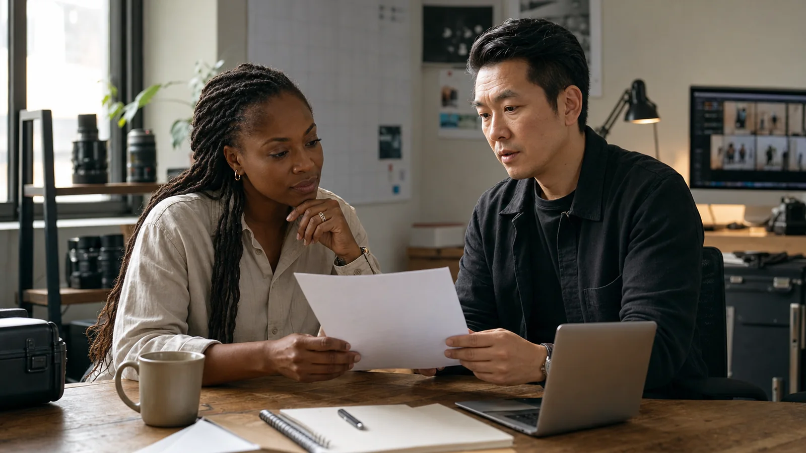 A creator and a management professional review a contract together in a photography studio