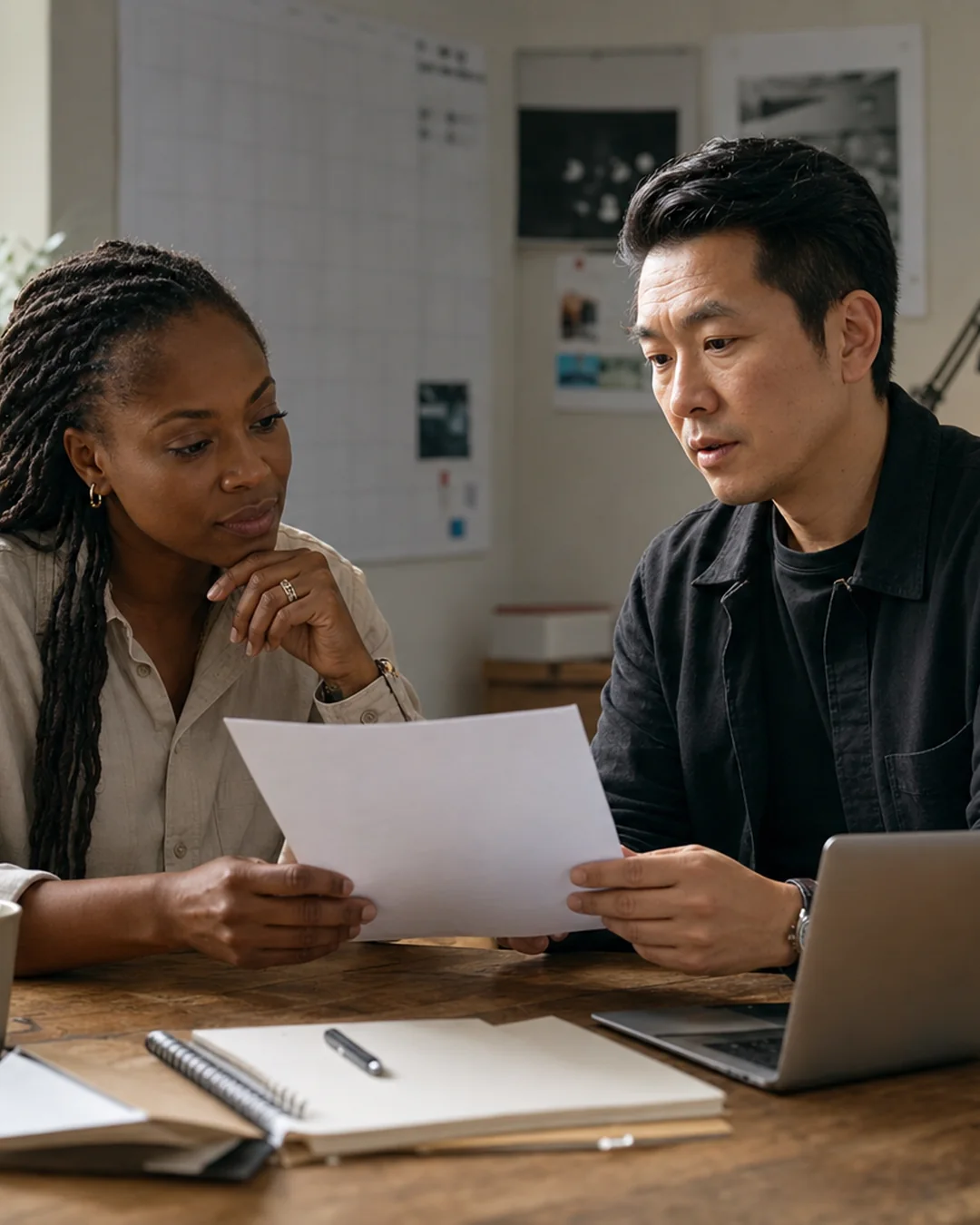 A creator and a management professional review a contract together in a photography studio