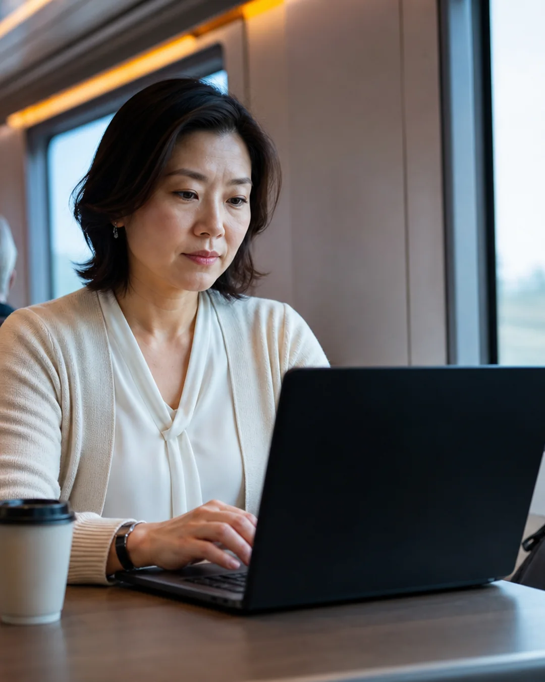 A traveler works on a laptop whose display appears dark from the side inside a train lounge