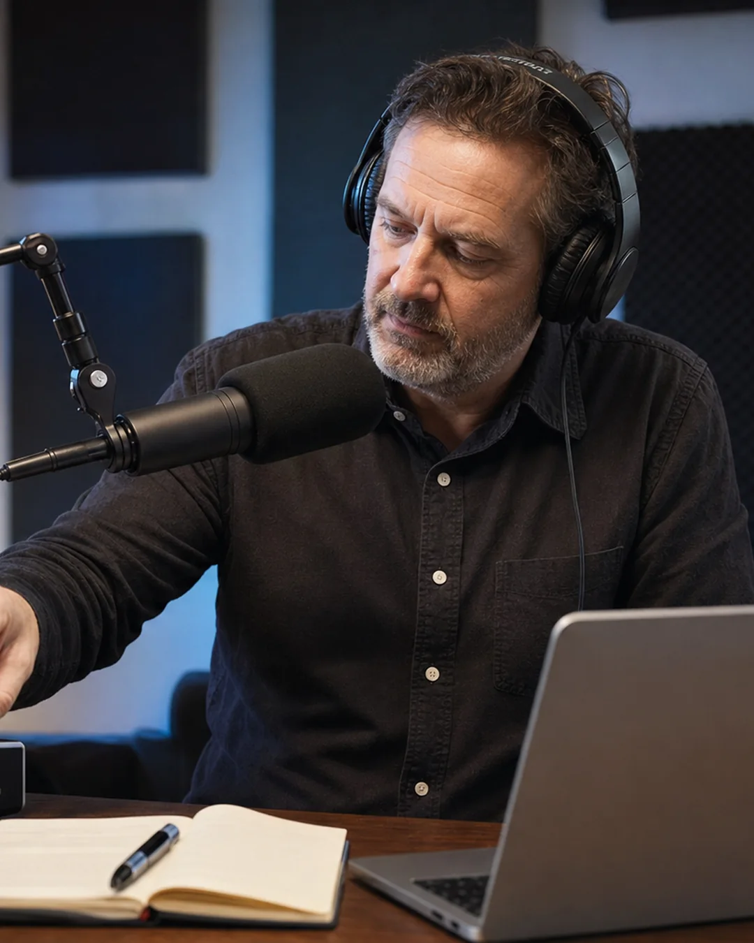 A creator wearing headphones adjusts an audio interface beside a broadcast microphone
