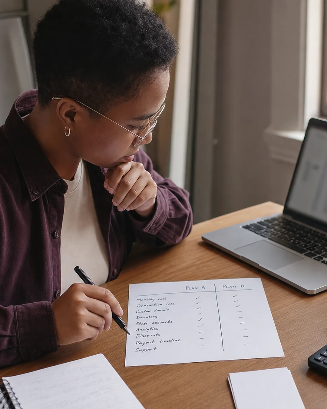 A creator compares two storefront plans on paper beside a laptop and calculator